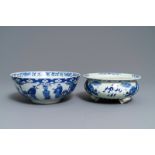 A Chinese blue and white bowl and a 'dragon' incense burner, 19th C.