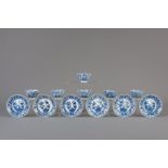 Six Chinese blue and white cups and saucers with floral design, 19th C.