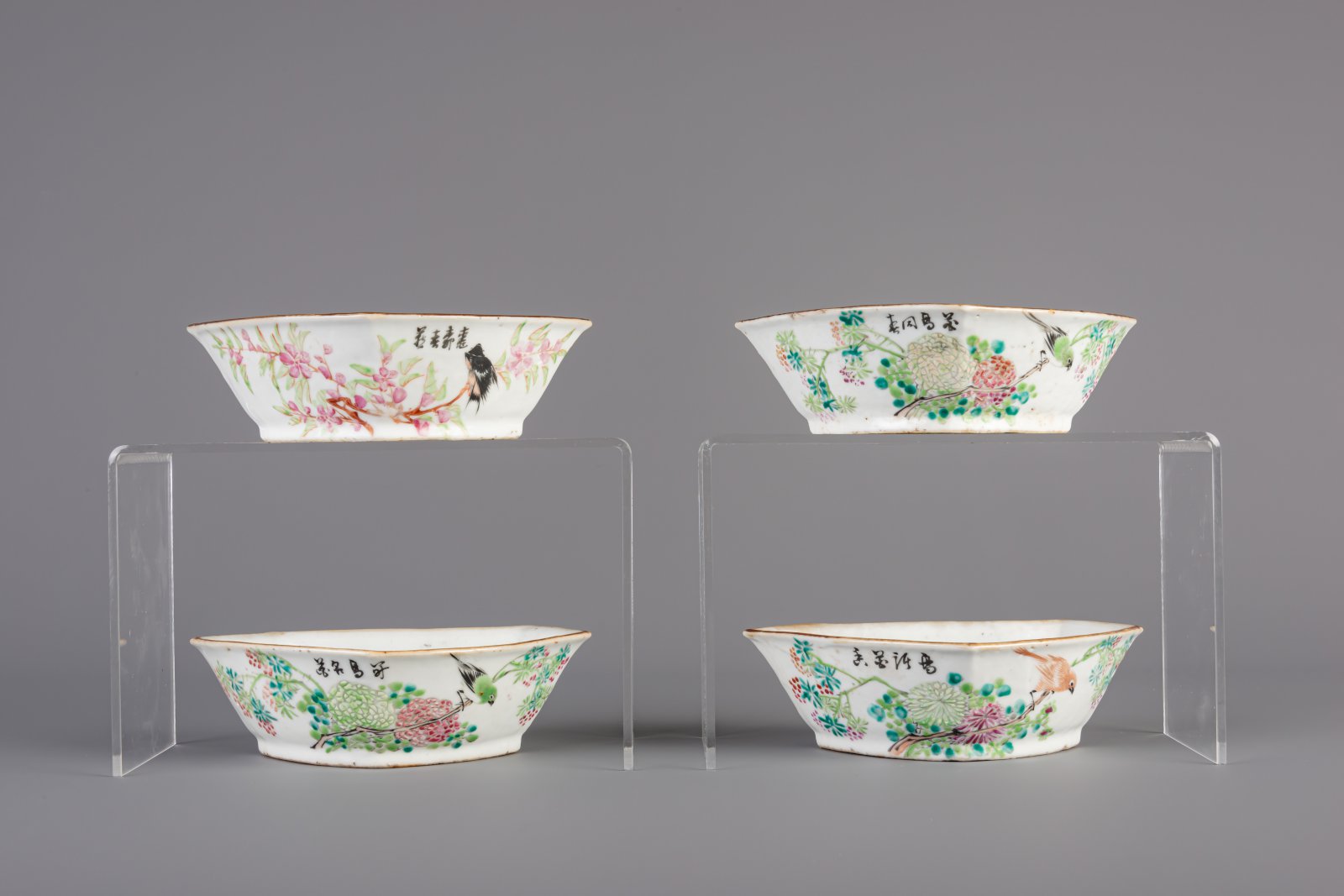 A Chinese famille rose sweetmeat or rice table set with birds among flowers, 19th C. - Image 5 of 11