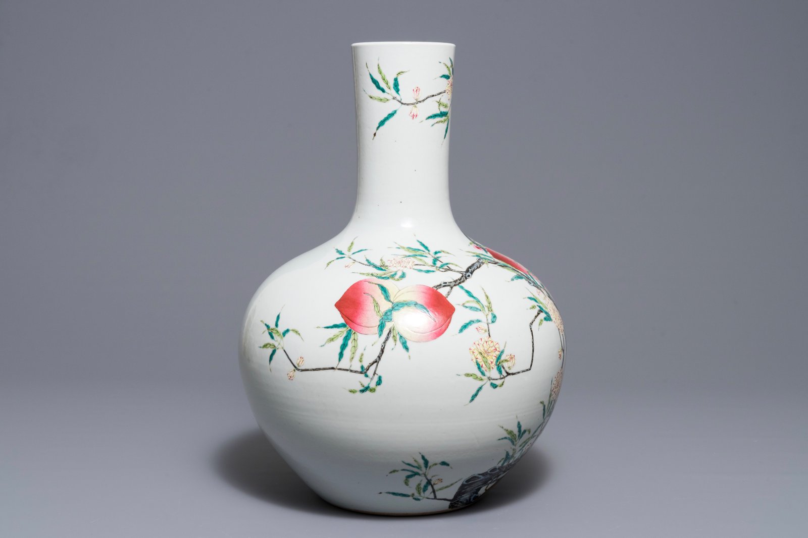 A Chinese famille rose "nine peaches" vase, Qianlong mark, 20th C. - Image 2 of 6