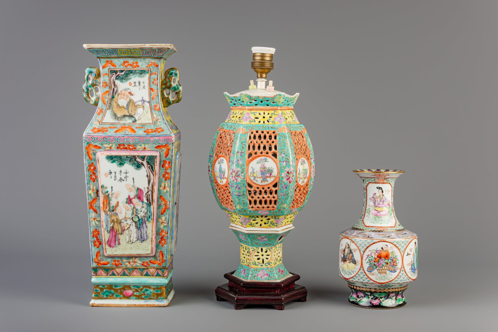 A Chinese famille rose lantern, an 'Immortals' vase and a vase with sages, 19th and 20th C. - Image 2 of 7