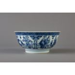 A Chinese blue and white bowl with figurative design all around and a dragon inside, 19th C.