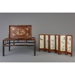 A Chinese wooden tray with mother-of-pearl, a table screen and a stand, 20th C.