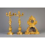 Gilt metal Poseidon mantel clock & a pair of Gothic revival candelabras, prob. France, 19th/20th C.