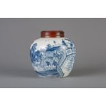 A Chinese blue and white ginger jar with figures in a landscape and a wooden cover, 19th/20th C.