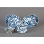 Nine Chinese blue and white dishes with floral design, Kangxi/Qianlong