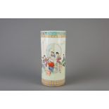 A cylindrical Chinese famille rose vase with ladies in a garden, Republic, 20th C.