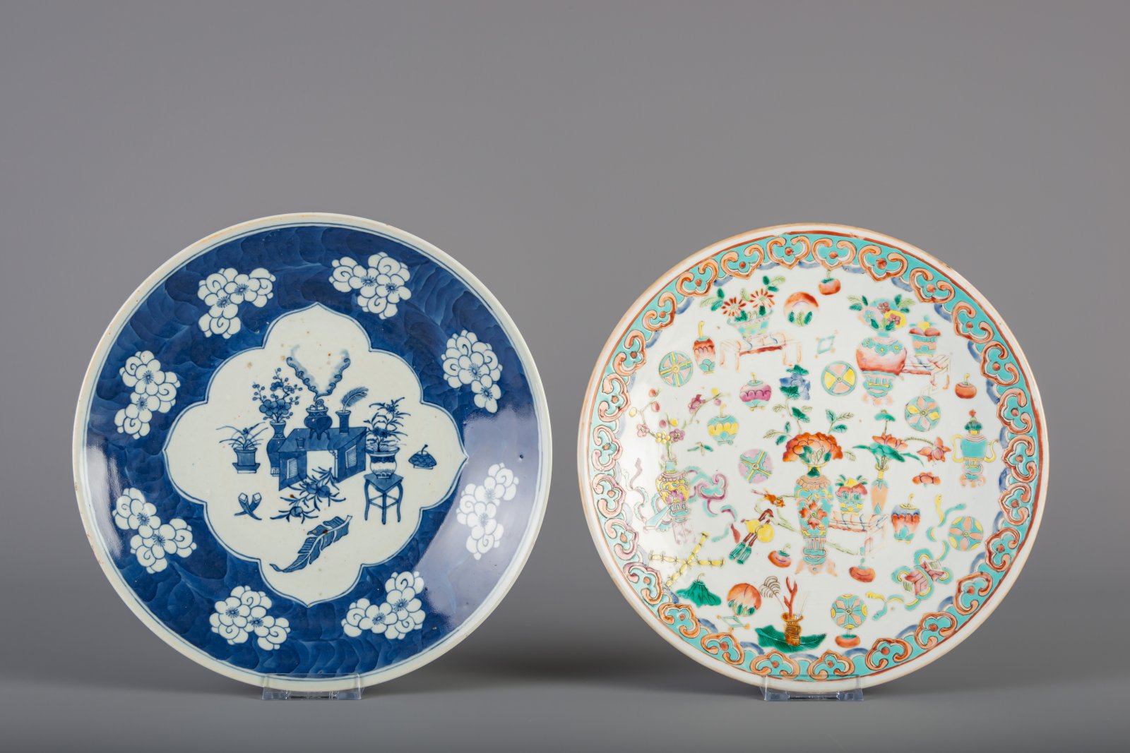 Three Chinese famille rose chargers and a blue and white charger, 19th C. - Image 4 of 5