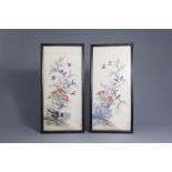 Chinese school, ink and colour on silk: Two bushes with birds, Republic, first half 20th C.