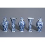 A Chinese blue and white five-piece garniture with floral design, Kangxi