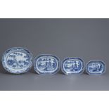 A Chinese blue & white oval dish w. figures and three nesting dishes, Qianlong