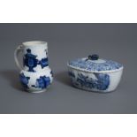 A Chinese blue & white jug and a butter tub with hunting scene, Kangxi/Qianlong