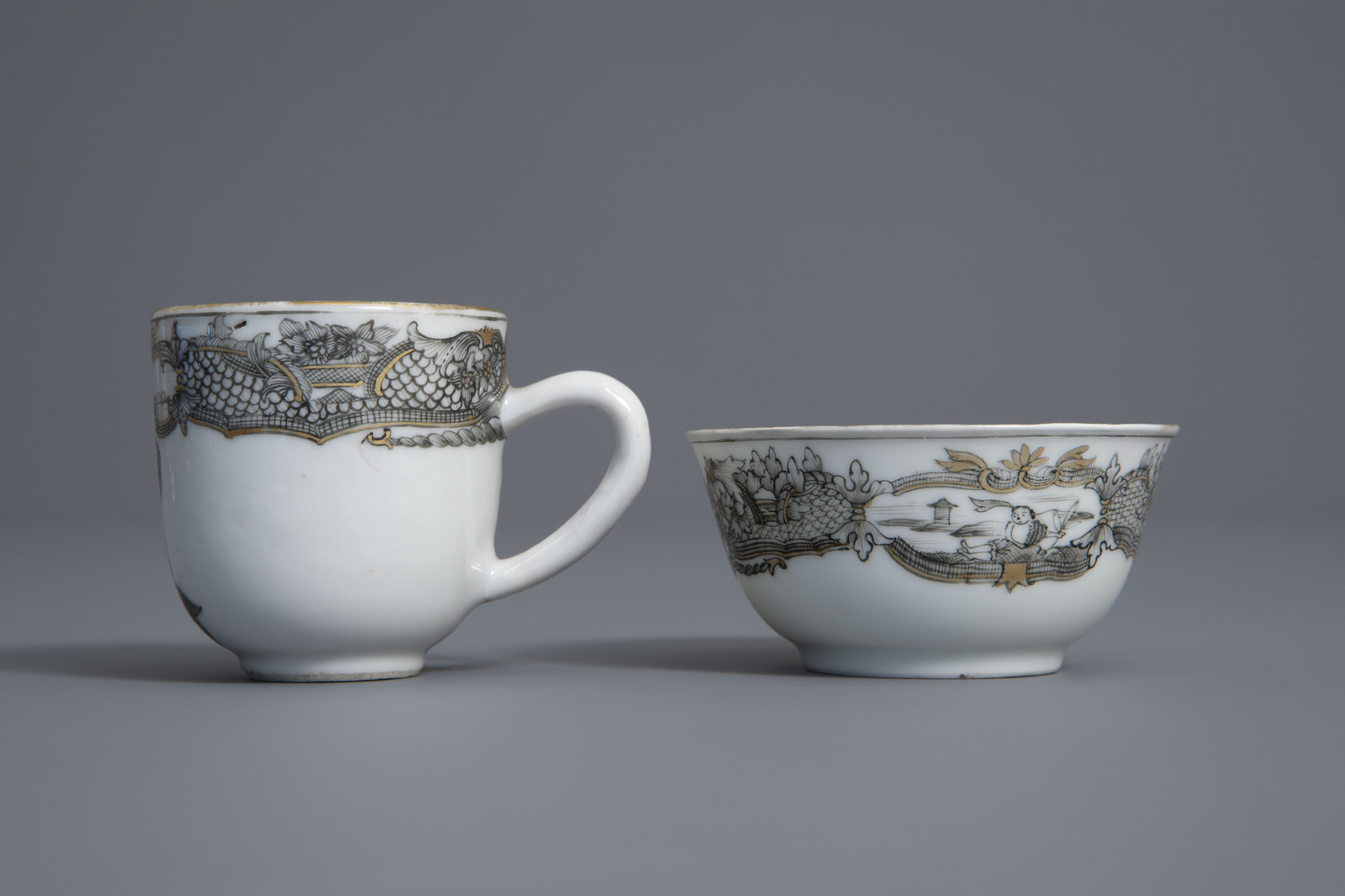 A Chinese grisaille 'Jupiter' export bowl and a cup and saucer, Qianlong - Image 6 of 9