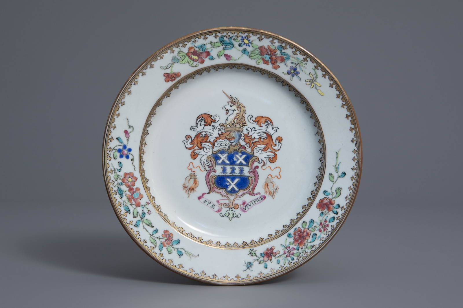 A Chinese famille rose English market 'Gale' (Spe Vivimus) armorial plate, Qianlong