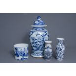 Three Chinese blue and white vases and a brush pot, 19th/20th C.