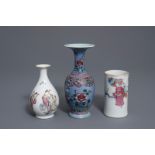 Two Chinese famille rose vases and a brush pot, 19th/20th C.