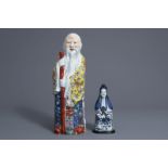 A Chinese famille rose figure of an Immortal and a blue and white Guanyin, 19th C.