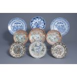 Nine Chinese blue, white and famille rose plates, Kangxi, Qianlong and 19th C.