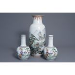 A large Chinese landscape vase and a pair of famille rose vases, Republic, 20th C.