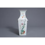 A square Chinese famille rose vase with floral design, Qianlong mark, 19th C.