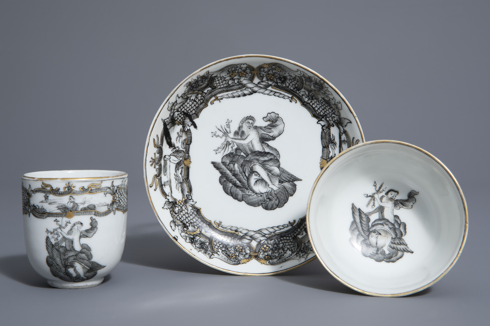 A Chinese grisaille 'Jupiter' export bowl and a cup and saucer, Qianlong