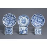 Three Chinese blue & white plates & three square teapot stands, Kangxi/Qianlong