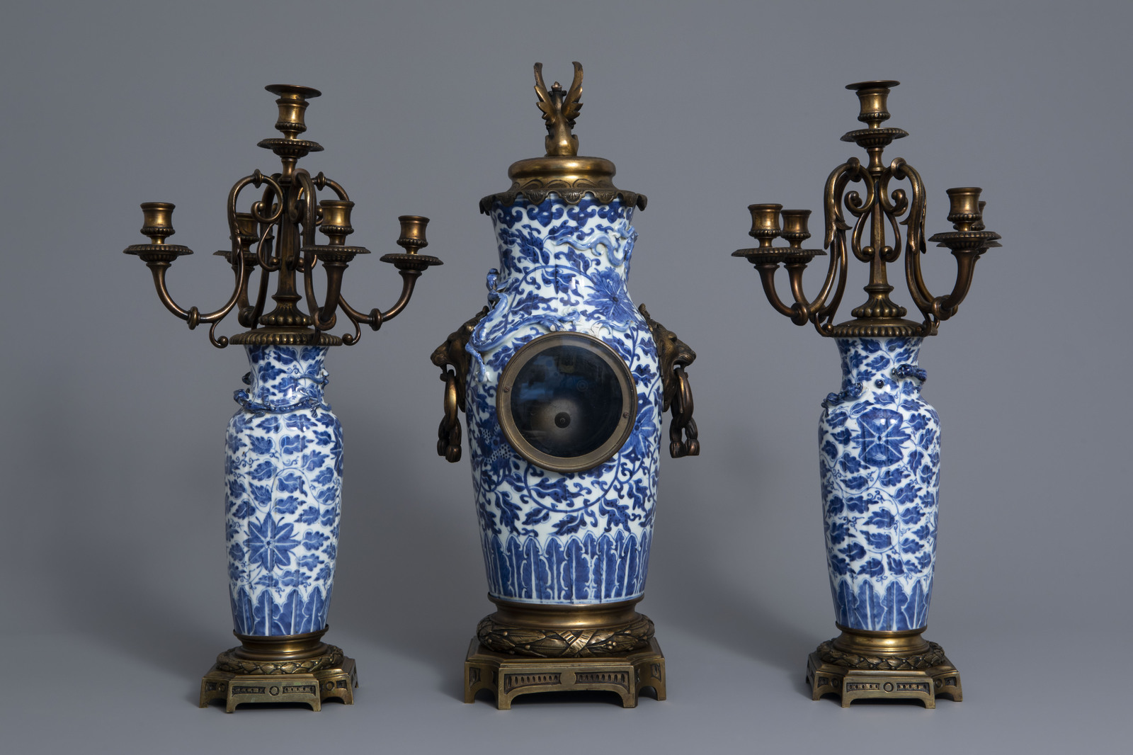 A Chinese three-piece bronze mounted blue and white porcelain garniture, 19th C. - Image 4 of 10