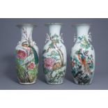 Three Chinese famille rose vases with birds, 19/20th C.