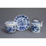 A Chinese blue and white teapot, a covered box and a plate, 19th C.