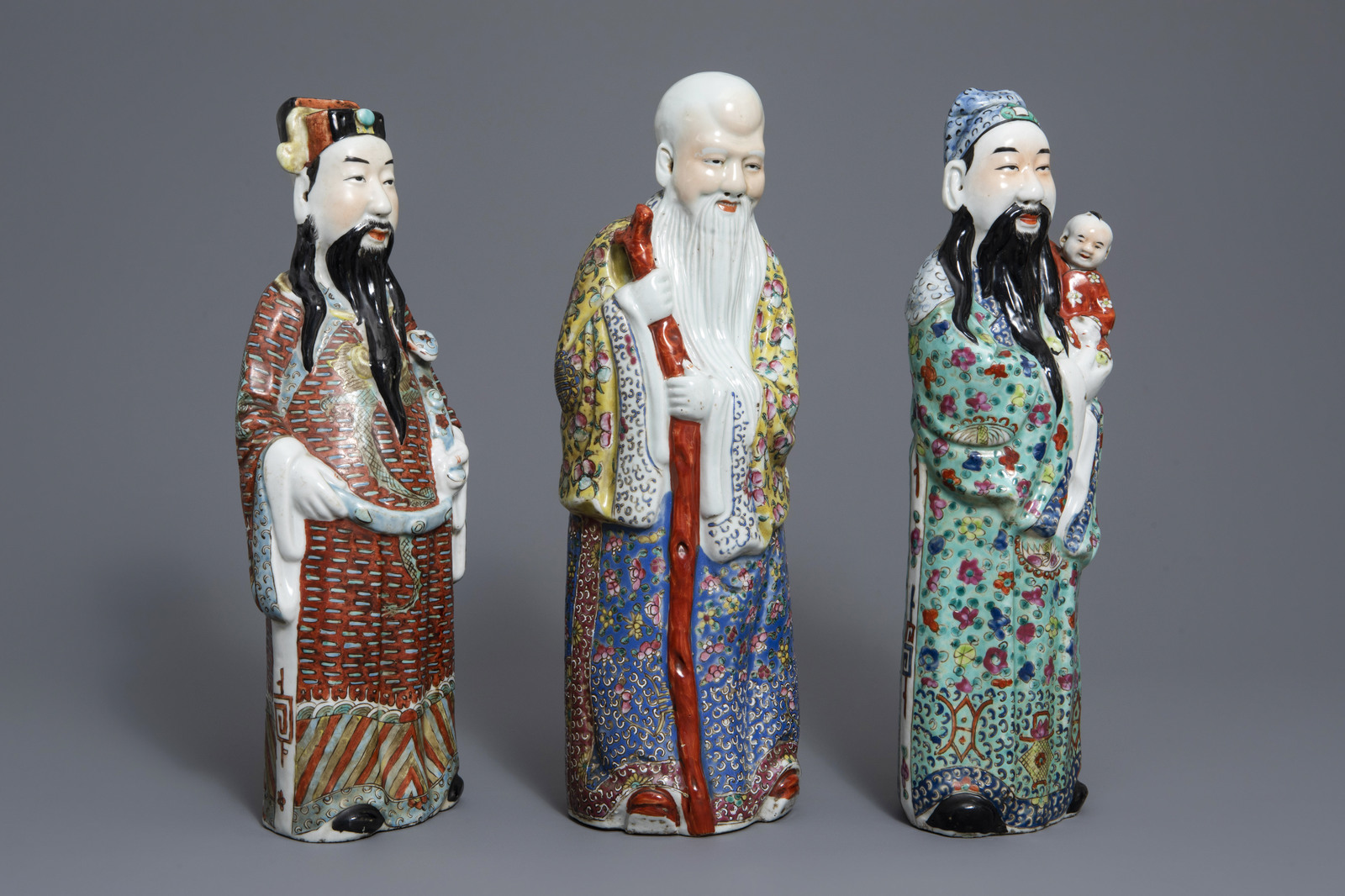 Three Chinese famille rose 'Star god' figures, 19th/20th C. - Image 7 of 7