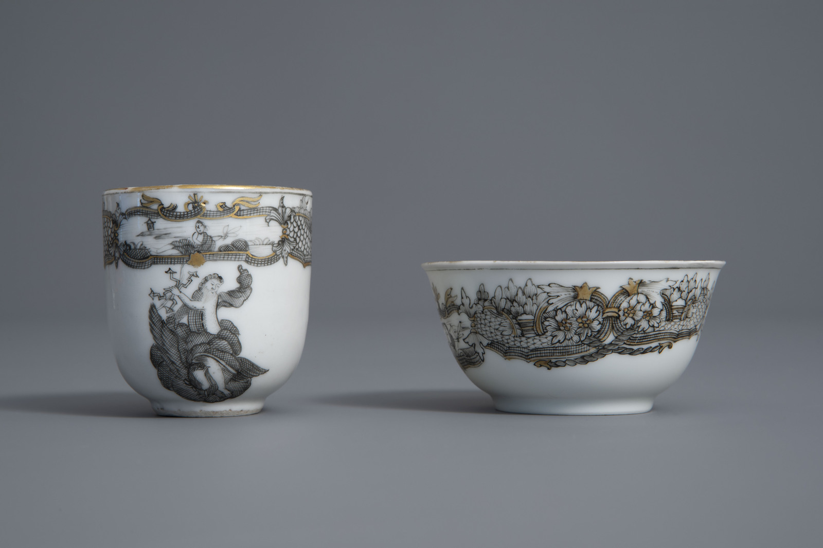 A Chinese grisaille 'Jupiter' export bowl and a cup and saucer, Qianlong - Image 7 of 9