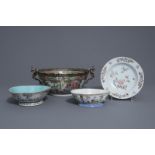 Three Chinese famille rose bowls and a plate, Qianlong and 19th C.