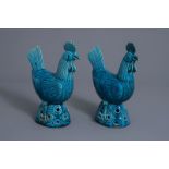 A pair of Chinese turquoise glazed models of roosters, 19th C.