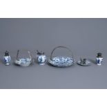 Three Chinese blue and white silver mounted plates, two vases and a jug, Kangxi