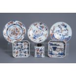 Three Chinese Imari plates, two teapot stands and a tea caddy, Kangxi/Qianlong