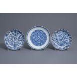 Three Chinese blue and white plates, Kangxi