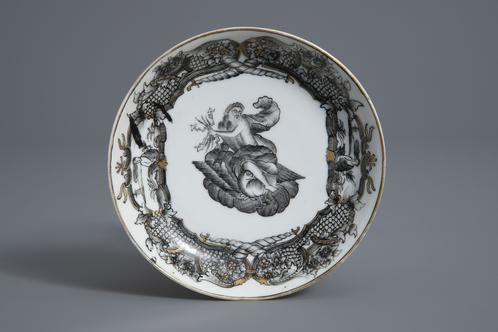 A Chinese grisaille 'Jupiter' export bowl and a cup and saucer, Qianlong - Image 2 of 9