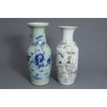 Two Chinese famille rose and blue and white on celadon ground vases, 19th/20th C.