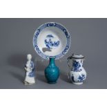 A Chinese blue & white jug, a bowl, mother w. child & a turquoise vase, Kangxi/Qianlong