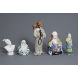 Five various Chinese famille rose, blanc de Chine and Shiwan figures, 19th/20th C.