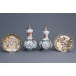 Two Japanese Satsuma dishes and a pair of Arita vases, 19th C.