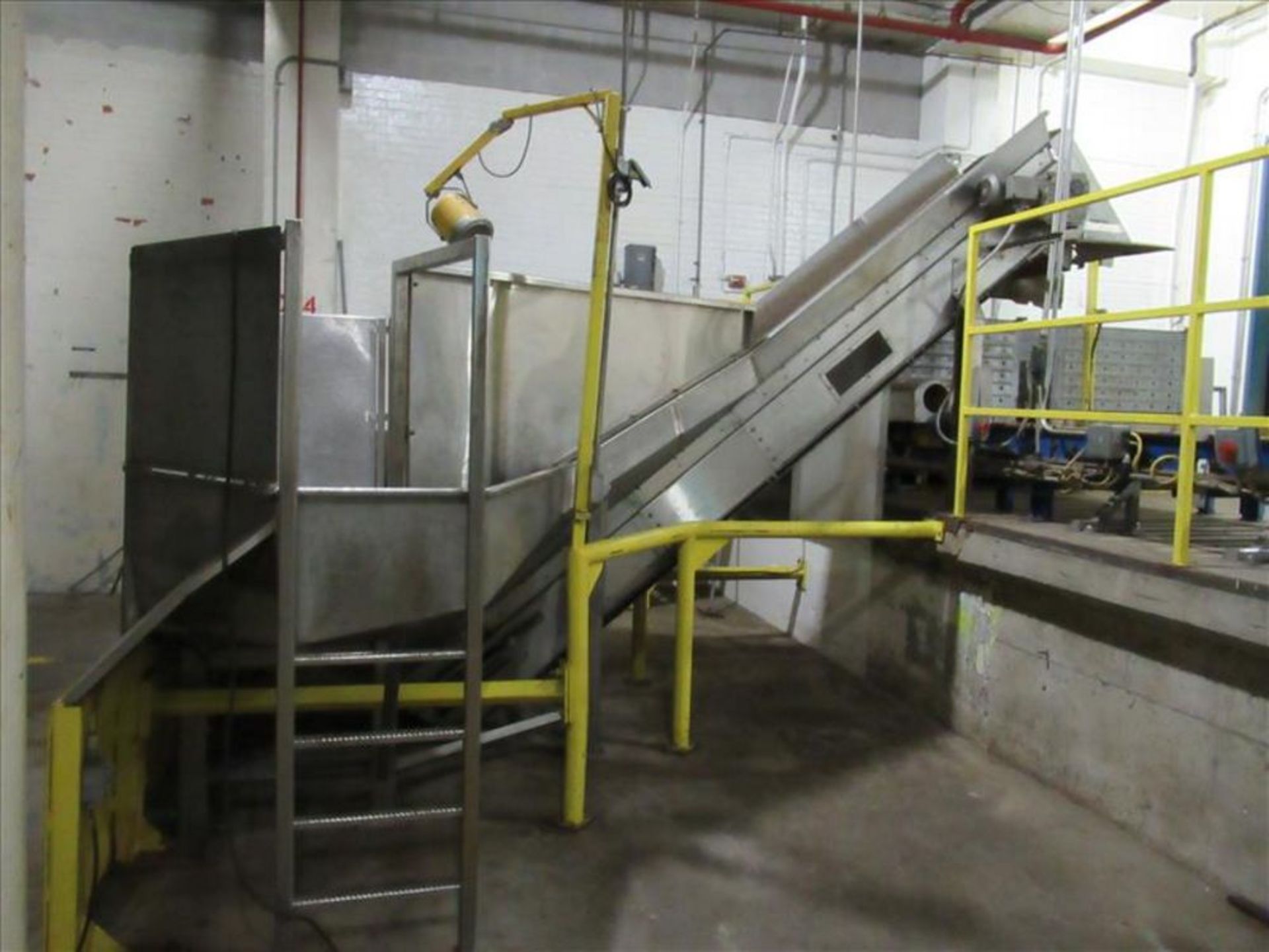 Vegetable stainless receiving hopper conveyor bunker type, approx 10 ft w x 24 in h x 4 ft deep