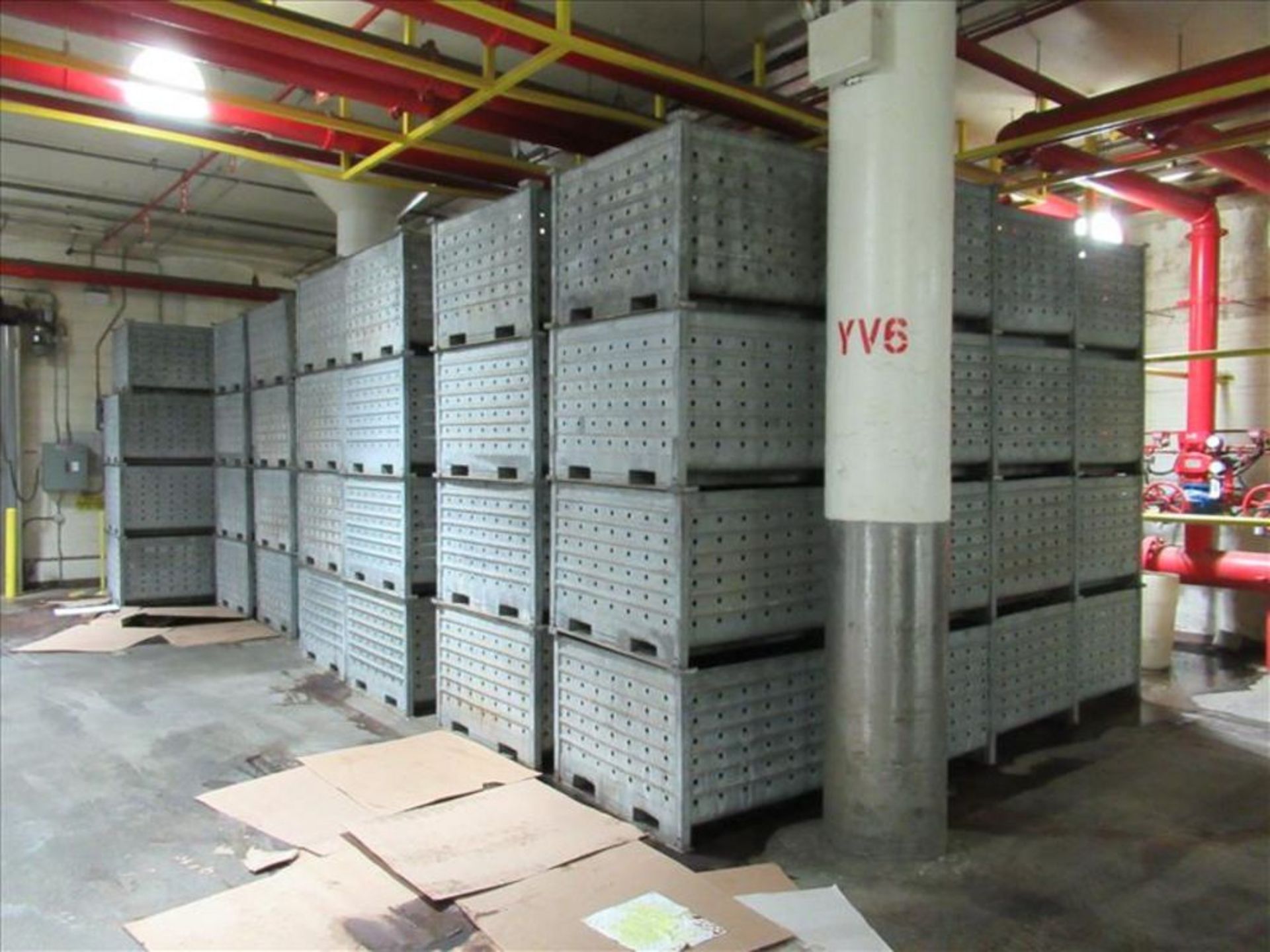 (58) Galvanized bins, corrugated, perforated, stackable [1st Flr Vegetable Receiving Dept]