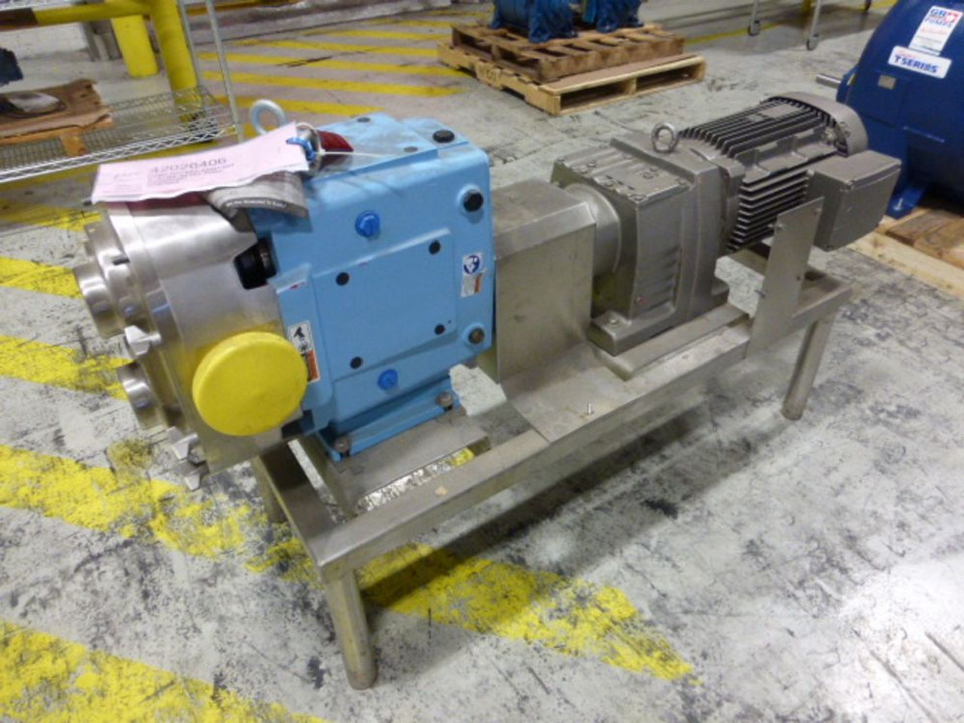 SPX 4 in stainless positive displacement pump, model 220 UI, ser. no 40387 with 15 hp motor, mounted