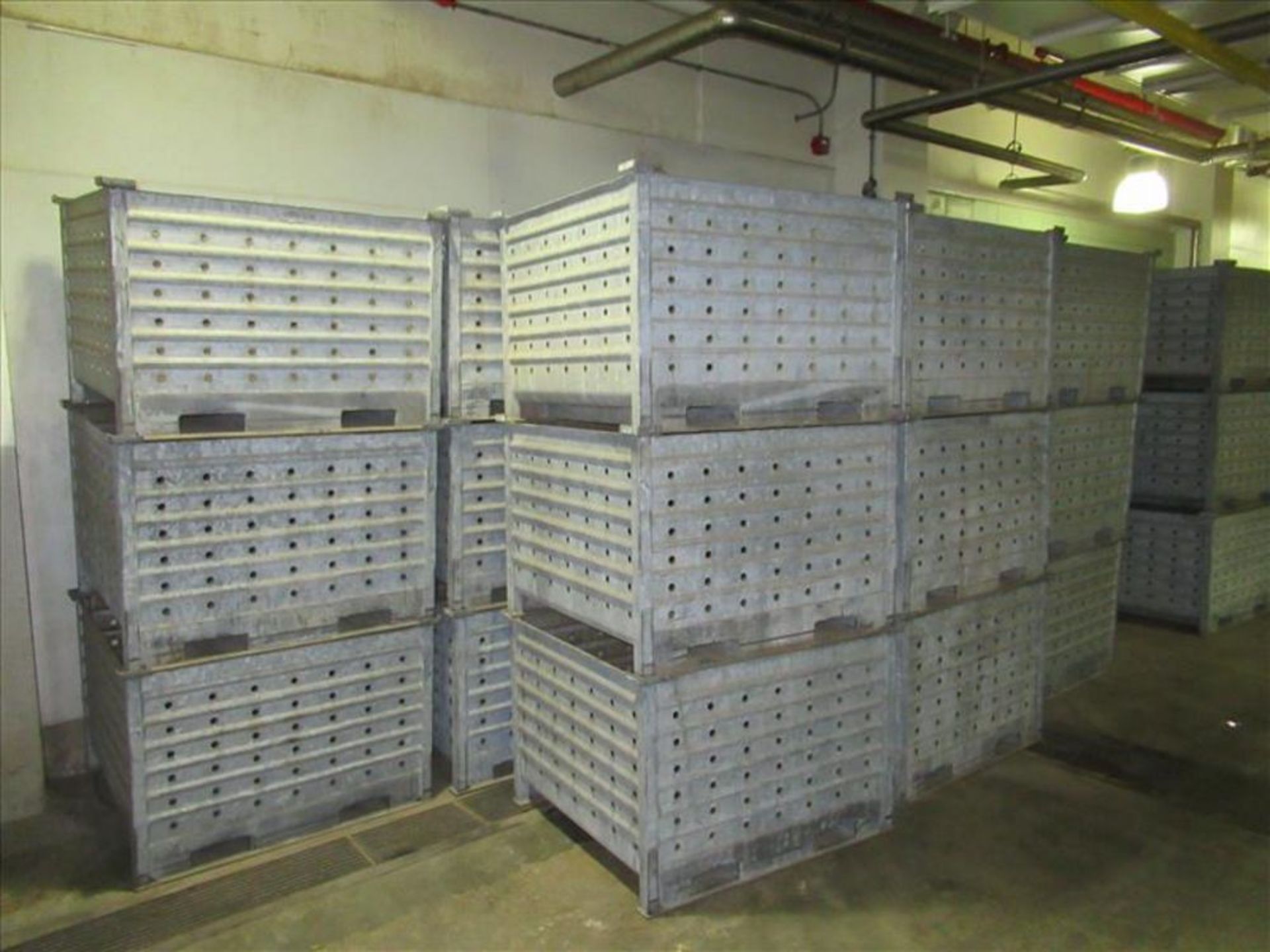 (58) Galvanized bins, corrugated, perforated, stackable [1st Flr Vegetable Receiving Dept]