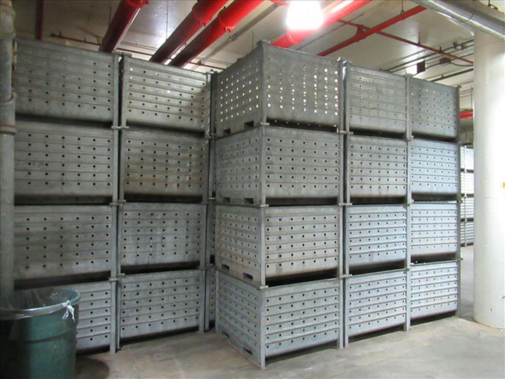 (58) Galvanized bins, corrugated, perforated, stackable [1st Flr Vegetable Receiving Dept]