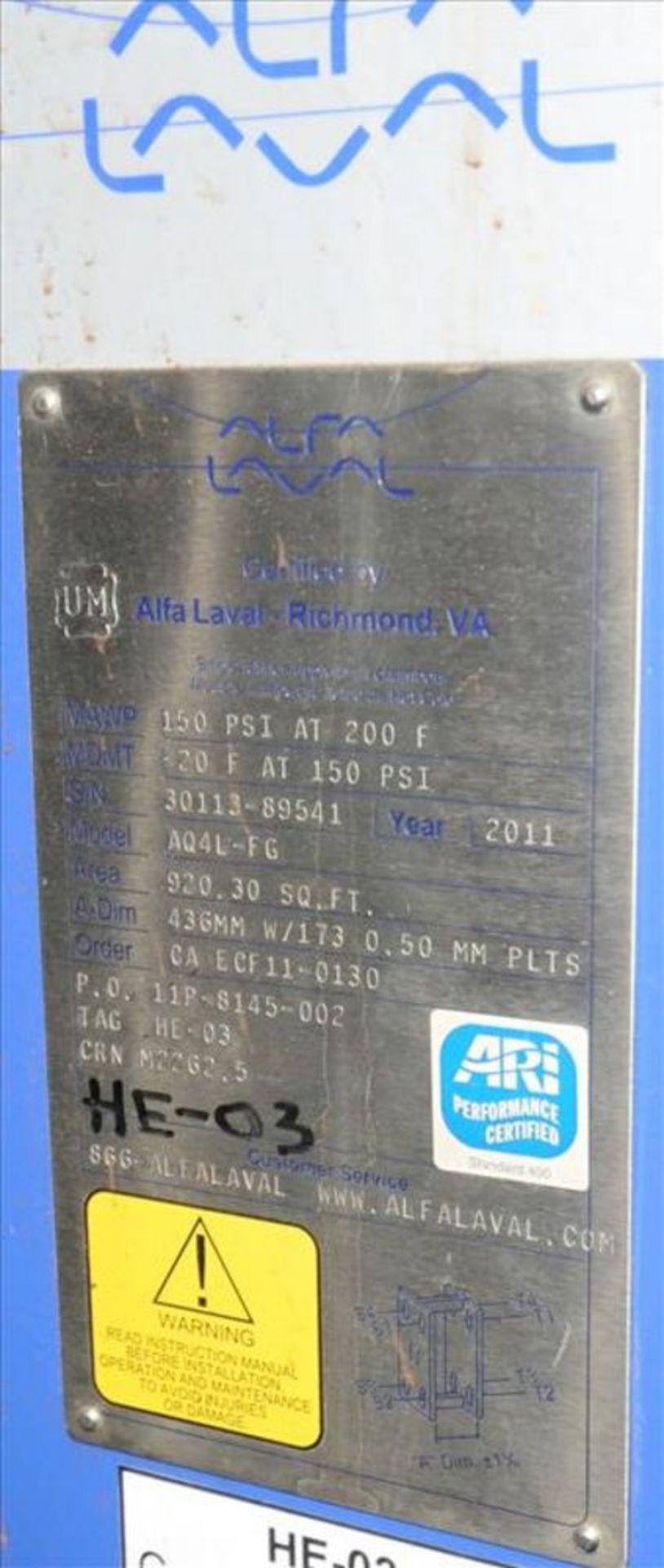 Alfa Laval plate HEX mod. no. AQ4L-FG ser. no. 30113-89541, 150psi @ 200deg F, 920. 30sq ft, - Image 2 of 2