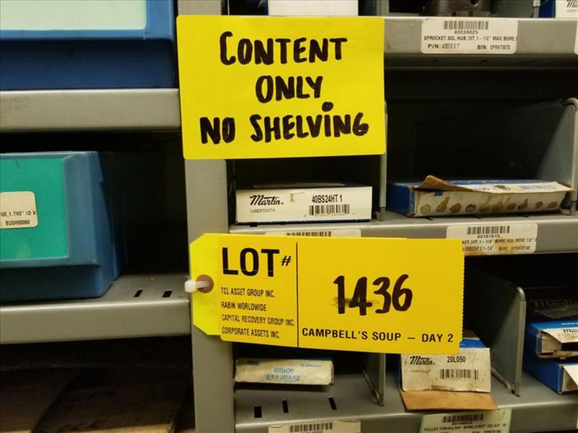 (6) Section Metal Shelving w/ gears, Couplers, Taper Locks (Contents Only)