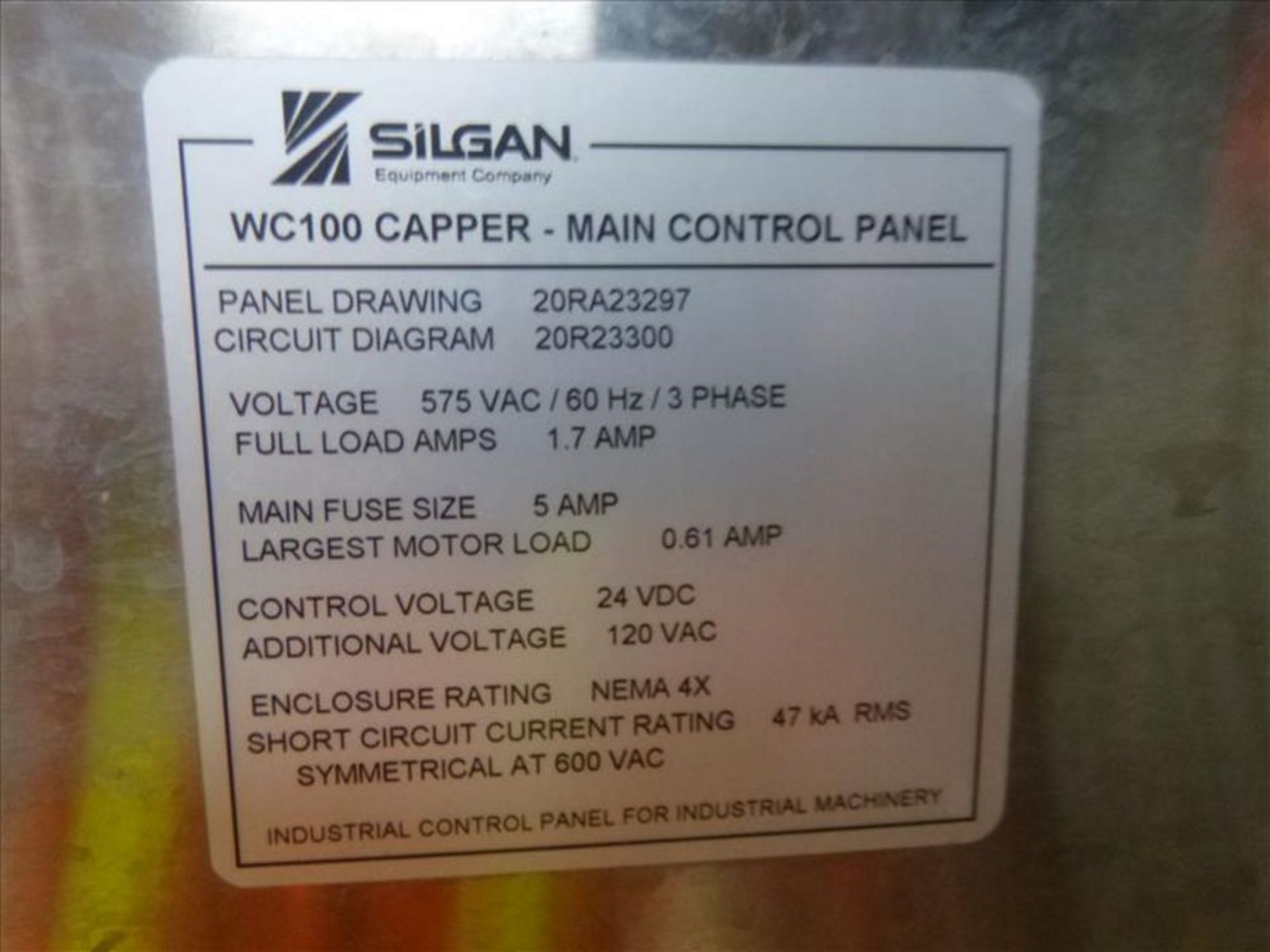 Silgan capper, mod. SWC100 (2013) c/w control panel (2nd Floor, Test Kitchen) - Image 3 of 3