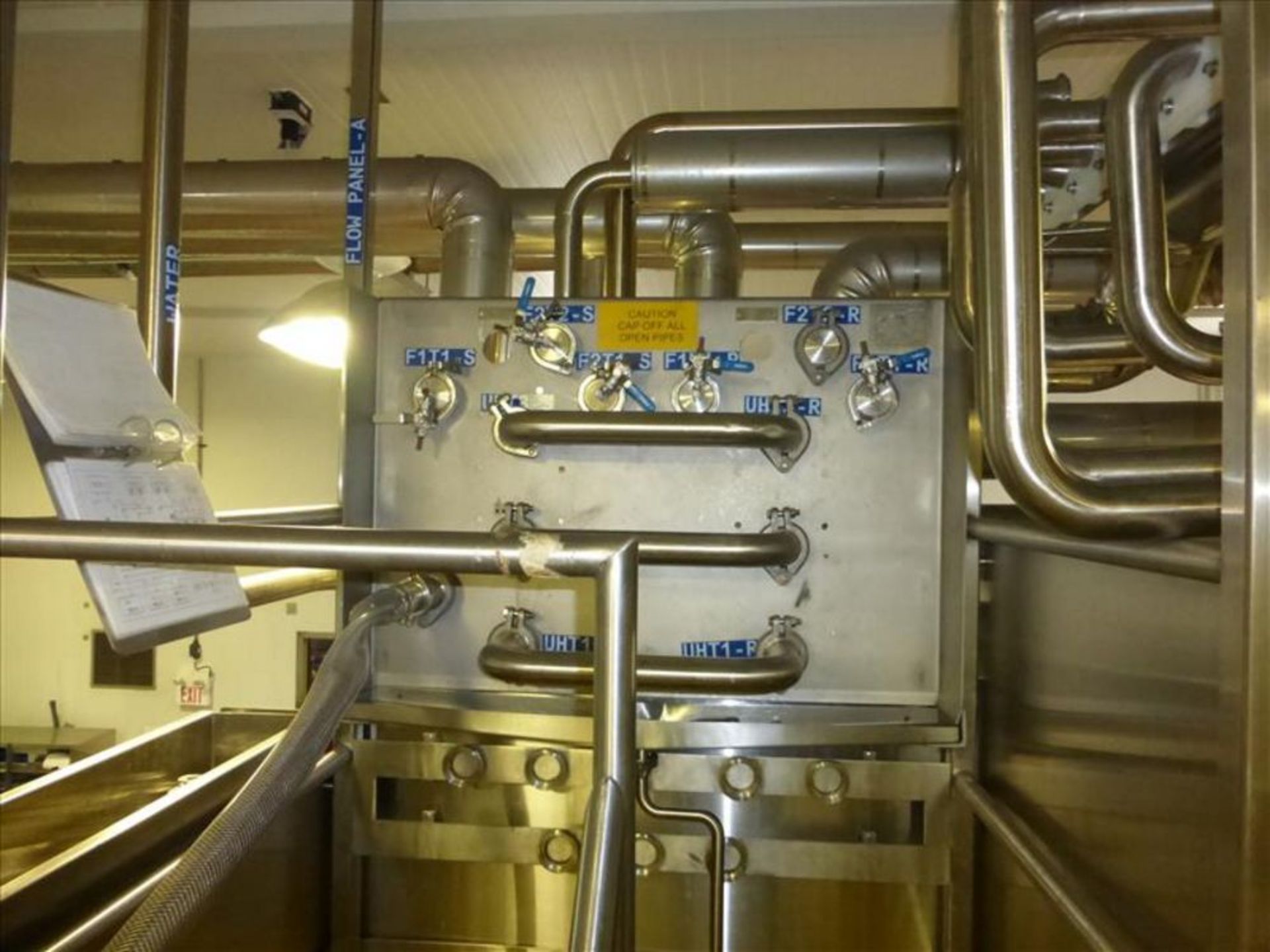 (2) Highland stainless flow panels ceiling suspended, multi ports with associated sanitary piping